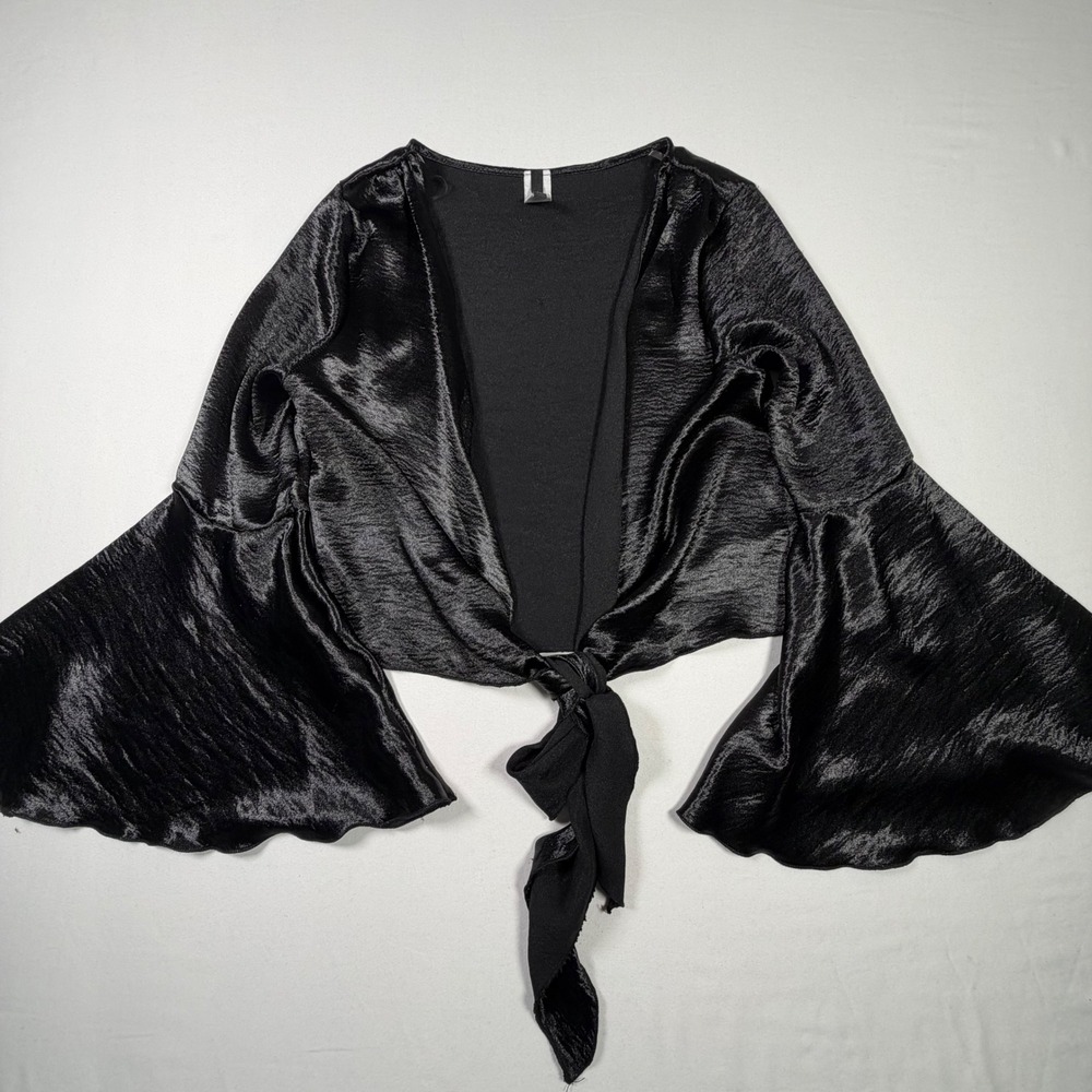 Satin Wrap Top Black Hammered Bell Sleeve Gothic Dark Romance Witchy Whimsigoth